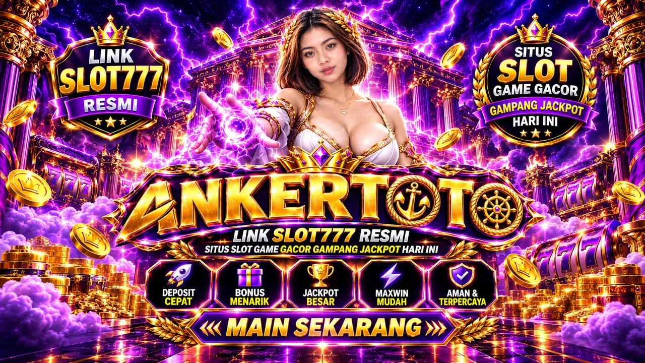 Banner lebar ANKERTOTO Link Slot777 bernuansa ungu emas dengan istana, koin emas, dan mesin slot